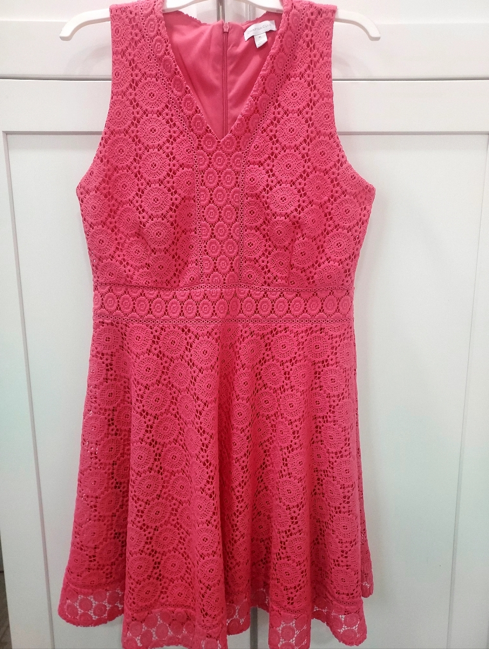 Womens Pink Lace Fit-and-Flare Dress